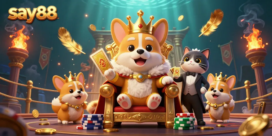 Join the exciting world of say88 with royal corgis and an impressive casino atmosphere filled with poker chips and golden cards.