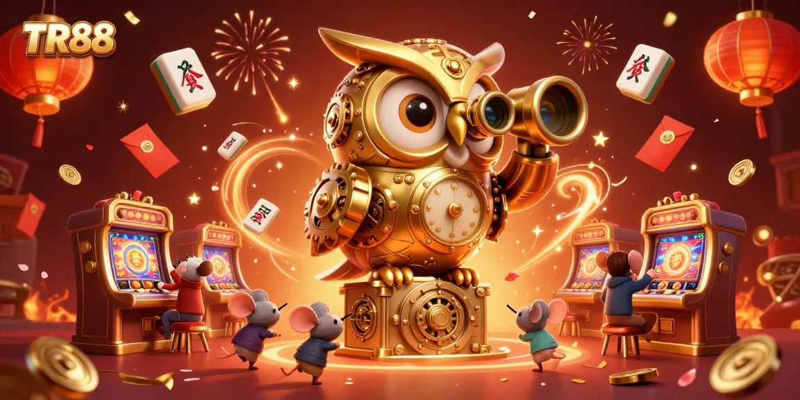 Experience TR88's vibrant casino atmosphere with a golden owl and lively patrons under fireworks.