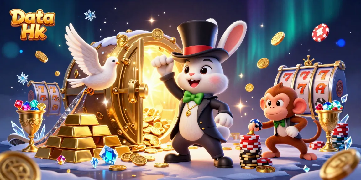 Engage with the thrilling Data Hk scene featuring a playful magician rabbit, a dove, and a monkey amidst sparkling casino elements.