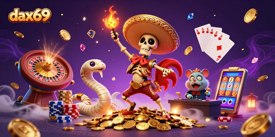 DAX69 memamerkan jackpot menarik dengan animasi karakter unik di antara koin emas dan slot menarik.