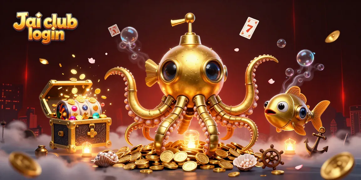 Engage in Jai club login with a dynamic scene featuring golden kraken submarine and slot game elements.