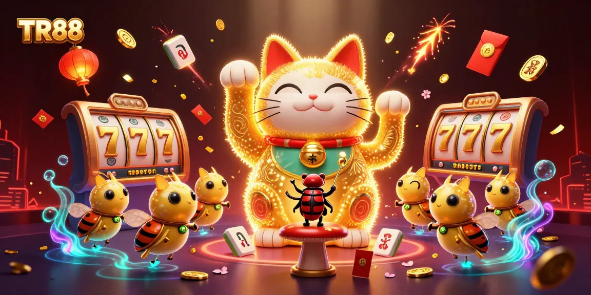 Experience the excitement of TR88 with a vibrant casino-themed illustration showcasing slot reels and lucky symbols.