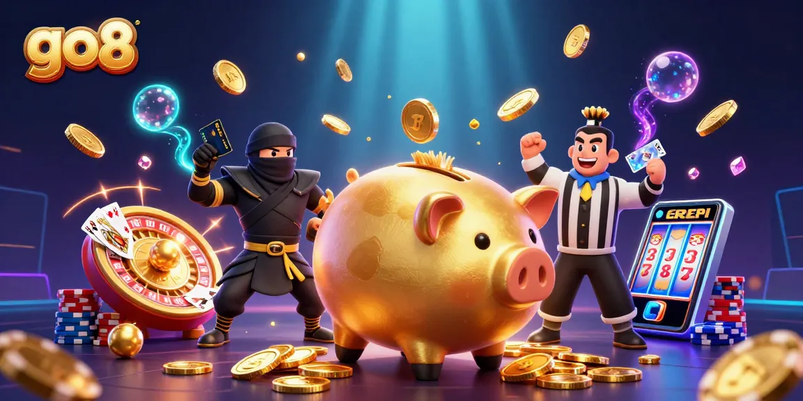 Win big at go8 with a vibrant scene of characters and casino elements celebrating gambling success.