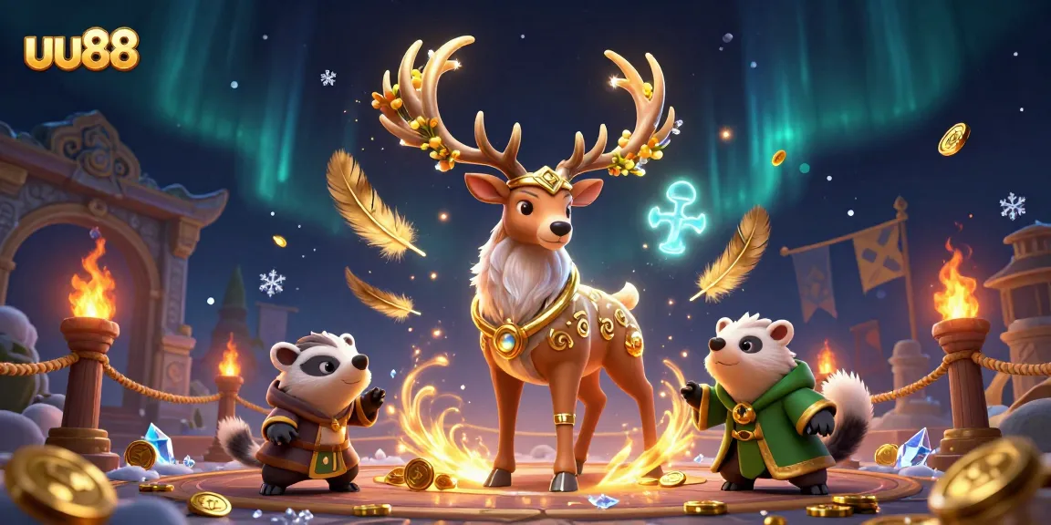 uu88 immersive betting arena showcasing a Celtic stag and badger amidst glowing treasures