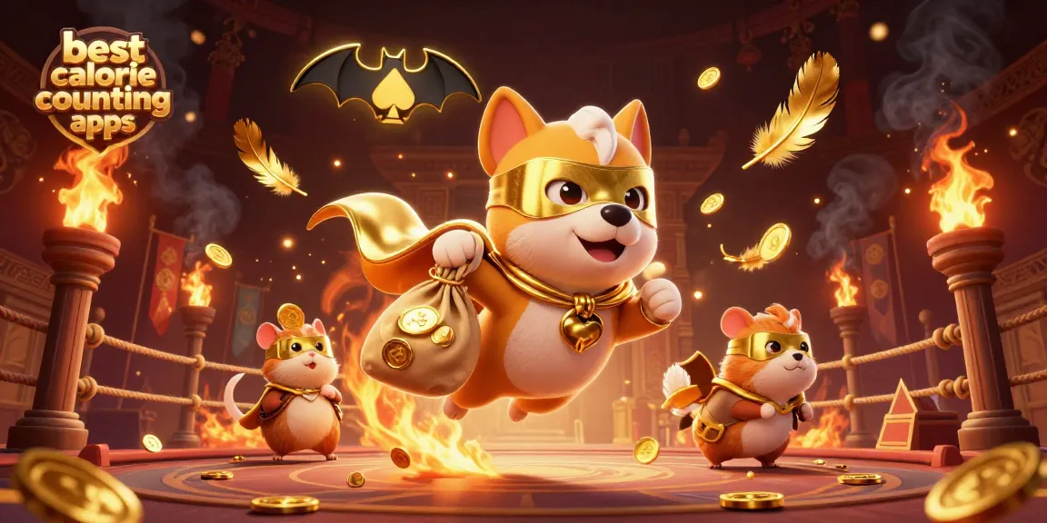 The best calorie counting apps showcase a superhero dog flying with gold coins, amidst a dynamic gambling scene.