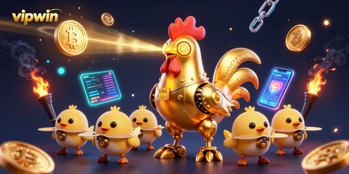 Engage with vipwin in a vibrant and dynamic casino-themed 3D scene featuring a futuristic golden rooster and crypto elements.