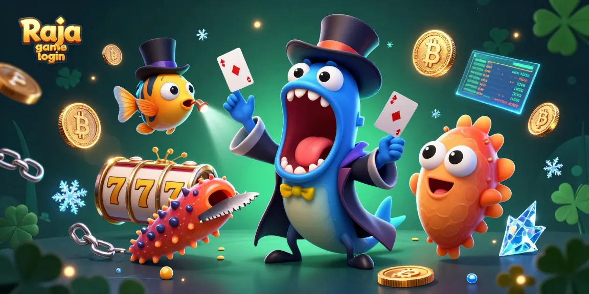 Engage with Raja game login to access exciting slot games featuring animated underwater characters and glowing cryptocurrency elements.