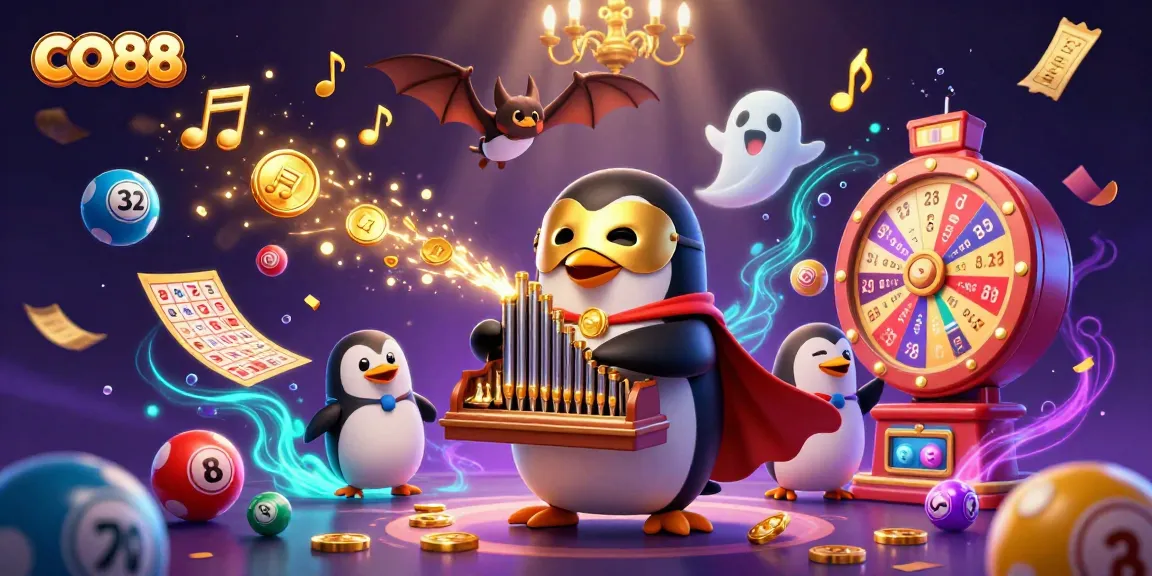 Experience CO88's excitement with a captivating scene of a penguin playing a coin-launching organ.