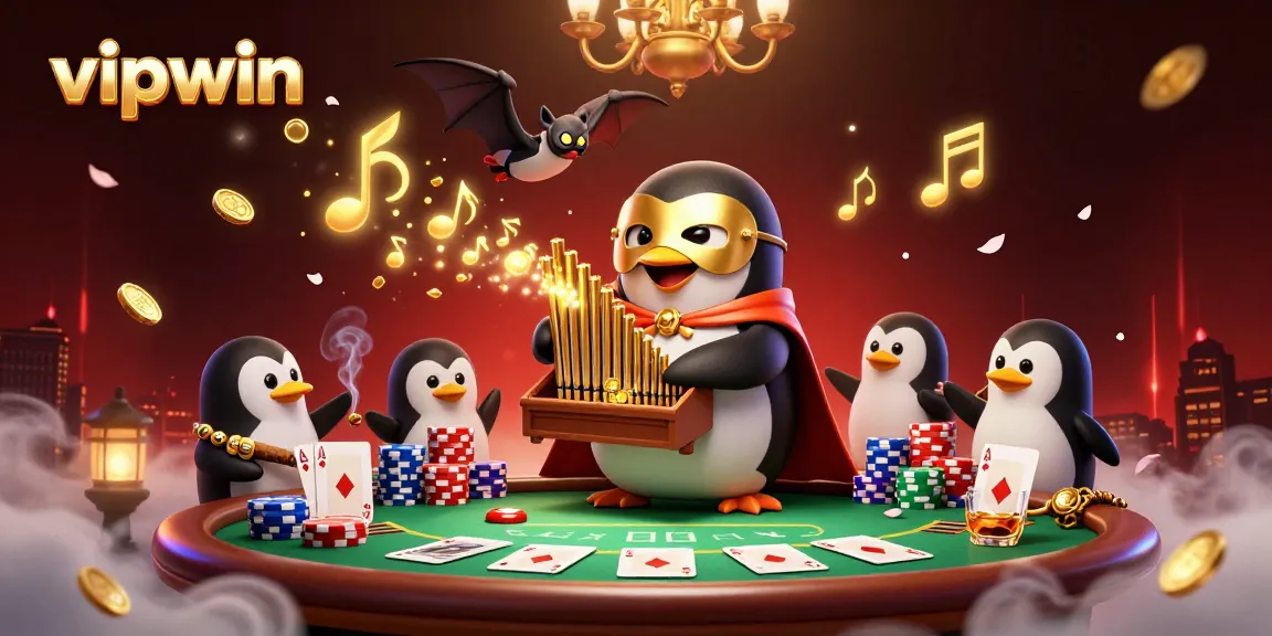 Experience thrilling wins at vipwin with our unique casino scene featuring a playful penguin.