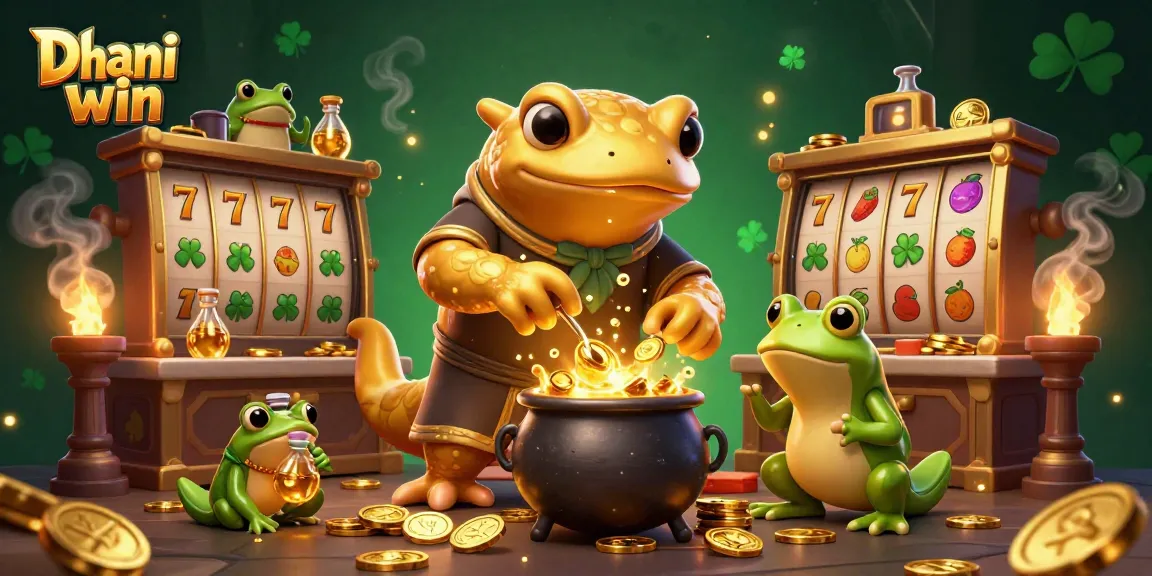 Dive into Dhani win's exciting slots with golden alchemist characters in a rich 3D gaming scene.