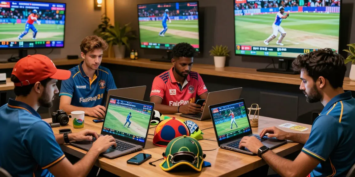 Excited players using Fairplay24 for online cricket betting during a live match.