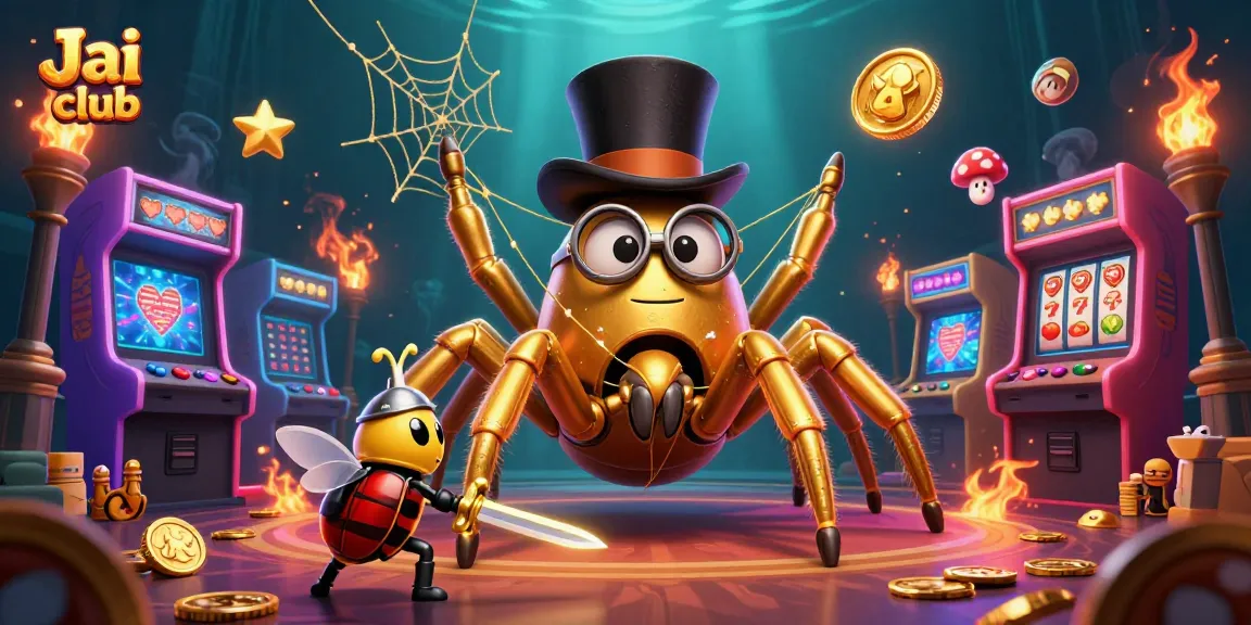 Engage in thrilling gameplay on the Jai club platform, where a golden tarantula and knight explore vibrant casino adventures.