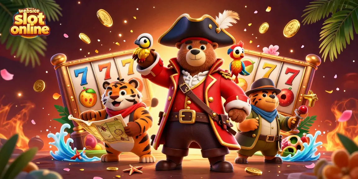 Menyaksikan permainan website slot online dengan simbol keberuntungan dan suasana penuh warna di dalam ilustrasi 3D yang menarik.
