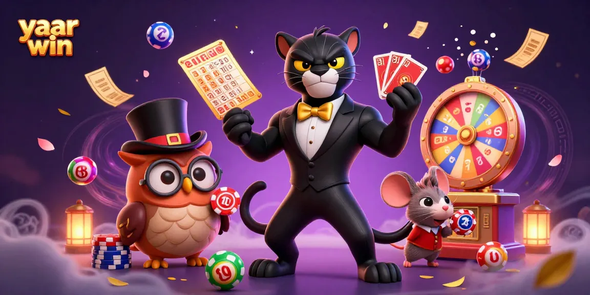 Engage with the vibrant yaar win scene featuring a panther dealer, owl, and lucky mouse amidst dynamic lottery elements.