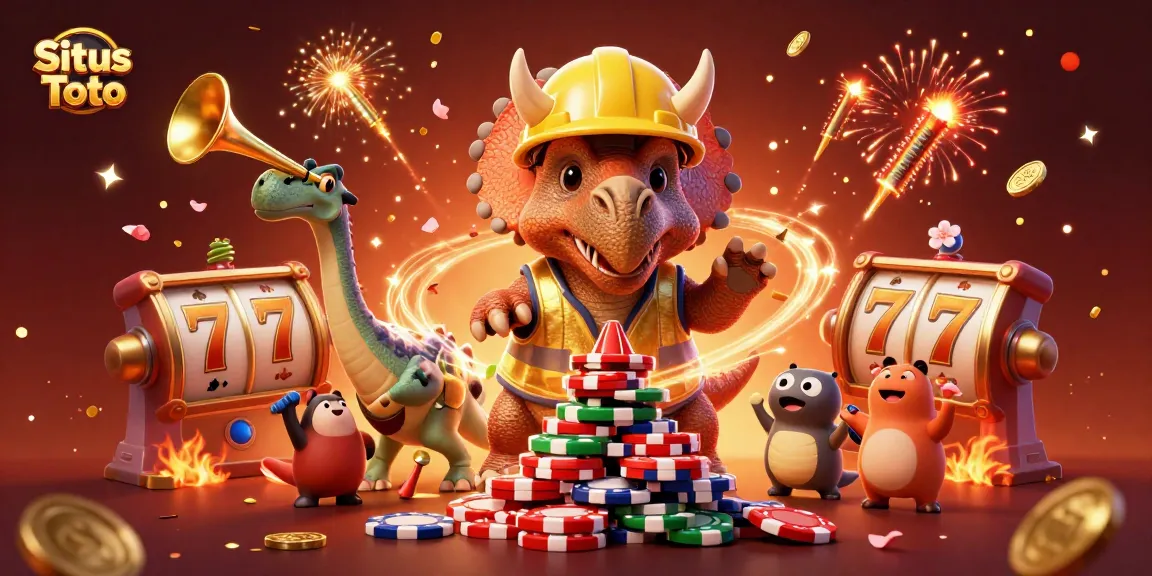Join the excitement at Situs Toto, where vibrant characters celebrate with slot games and festive elements.