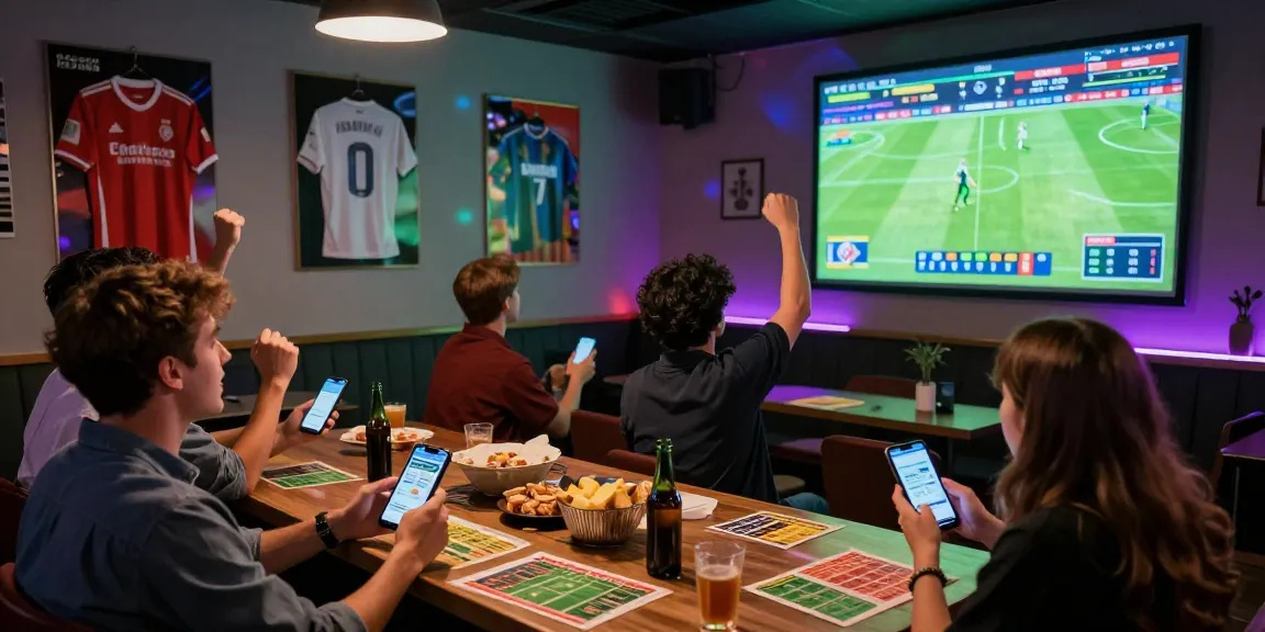 Friends engaging in Prediksi Bola Malam Ini while enjoying live football in a vibrant lounge.