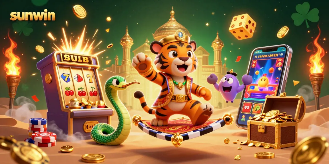 Maximize your wins at Sunwin with a vibrant 3D casino scene featuring a jackpot explosion and magical elements.