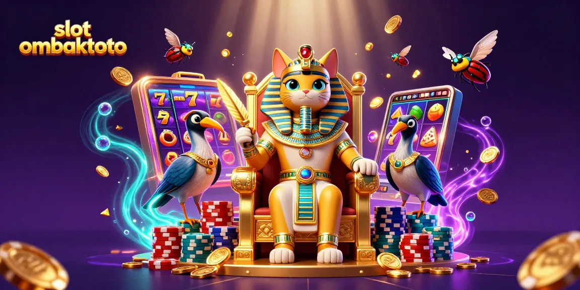 Spin the reels of slot ombaktoto with a pharaoh cat in a dazzling casino scene.