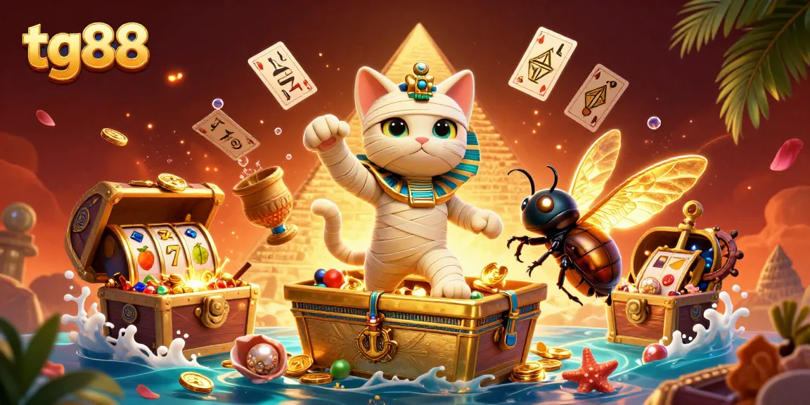 Engage with tg88 at a vibrant casino scene featuring a mummy cat and treasures spilling from slot machines.