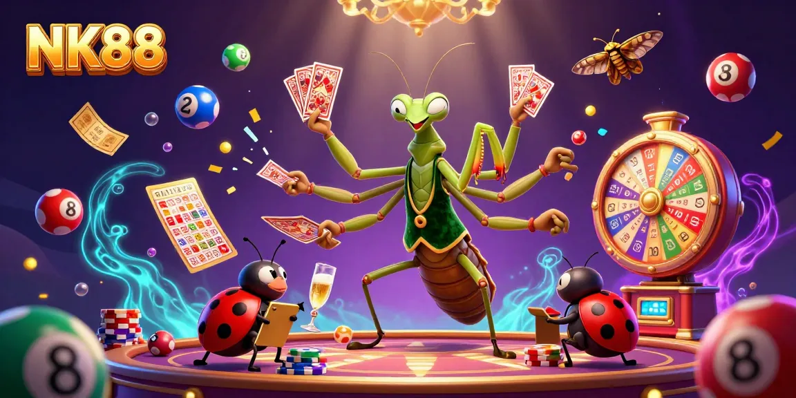 Experience the excitement of NK88 with dynamic casino visuals featuring a giant praying mantis and engaging game elements.
