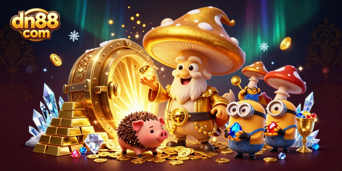 Experience the magic of dn88 com with golden treasures and vibrant game elements in this dynamic illustration.