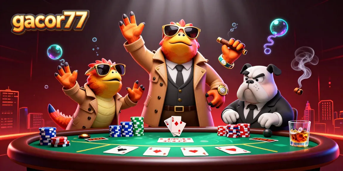 Rasakan pengalaman gacor77 dengan trio raptor di kasino VIP, mengelilingi tumpukan chip poker.