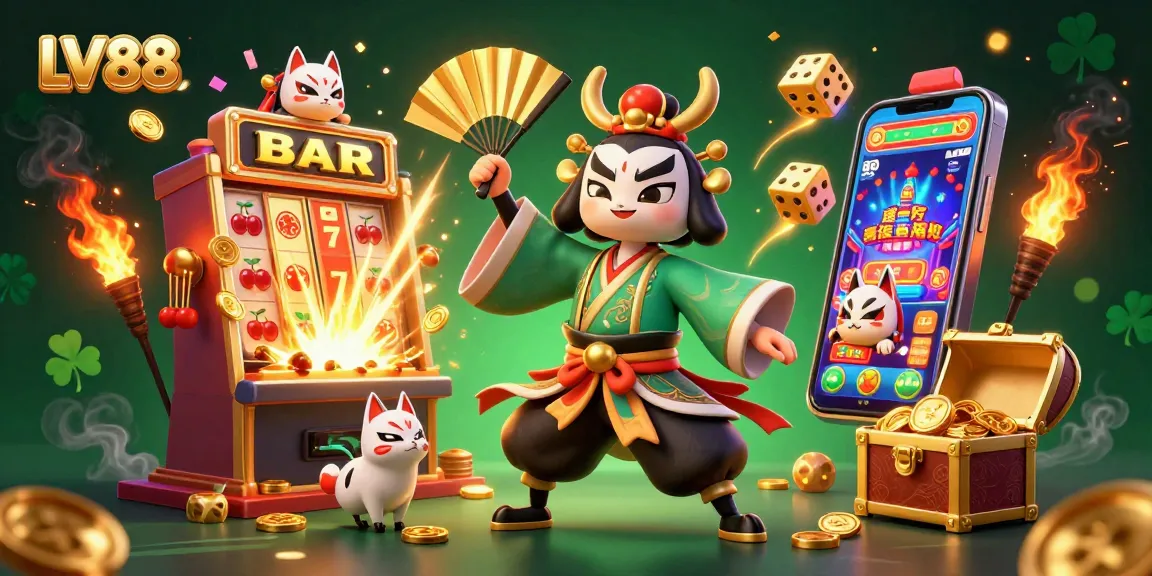Experience the dynamic slot action at LV88 with vibrant characters and thrilling gaming elements in an exciting casino illustration.