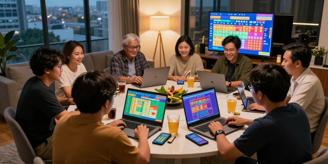 Engaged players enjoying Pasaran Togel Terlengkap in a lively home setting, vibrant screens showing live Togel results.