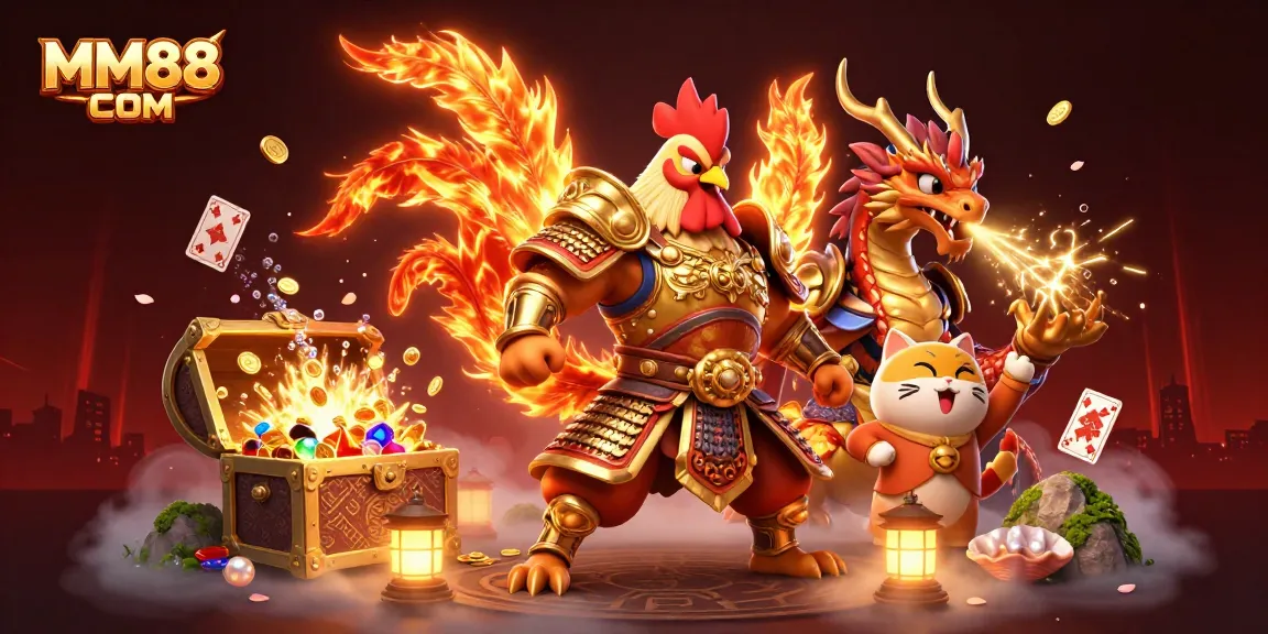 Experience the excitement of MM88 COM with a warrior rooster and dragon gameplay in a vibrant 3D casino scene.