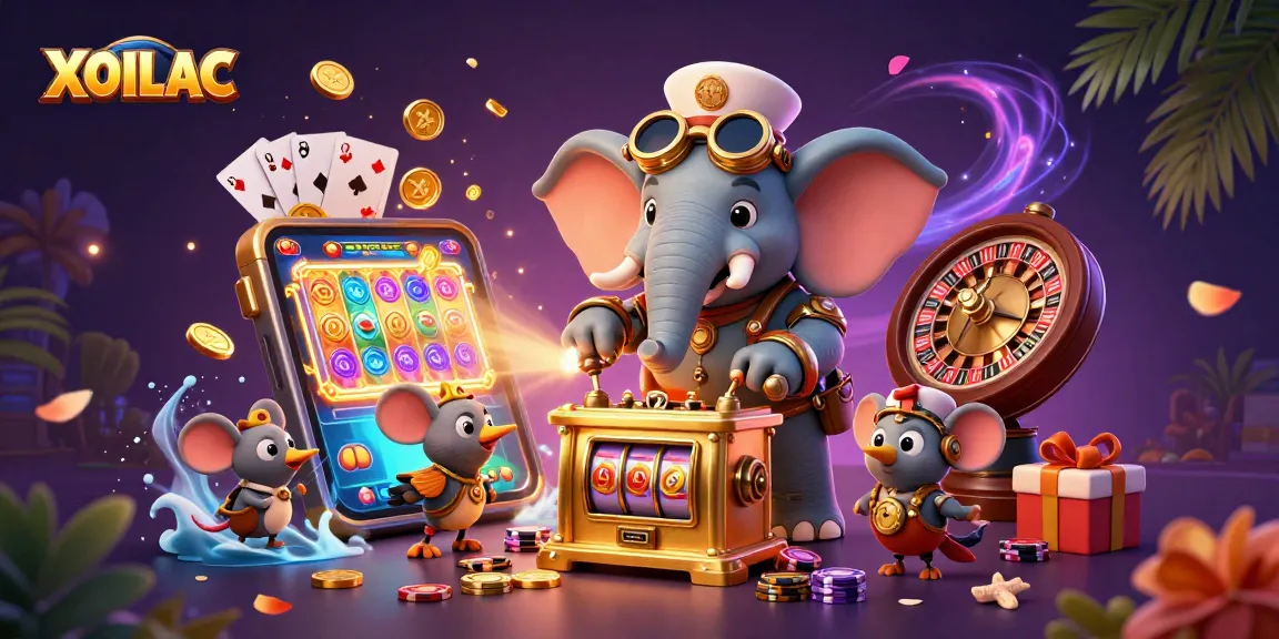Experience thrilling games on XOILAC with 3D characters operating a slot machine amidst vibrant casino elements.