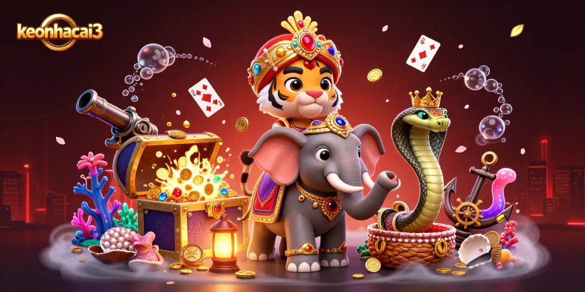Engage with keonhacai3's vibrant casino world featuring rich 3D elements like gems and cards.