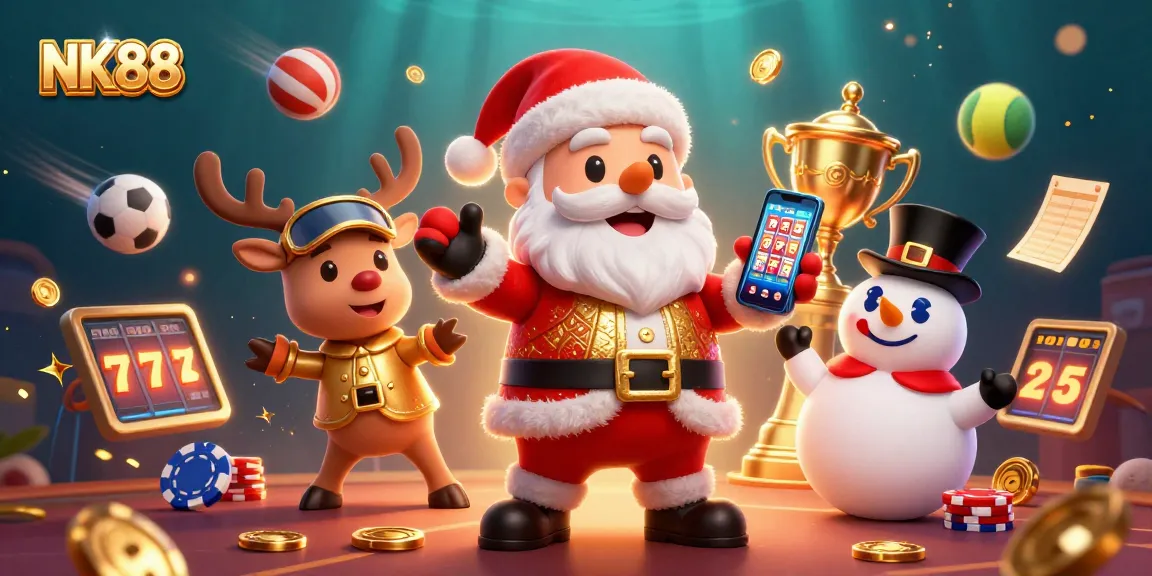 Win big with NK88 as a cheerful Santa, a reindeer dealer, and a poker chip snowman celebrate in a vibrant casino.