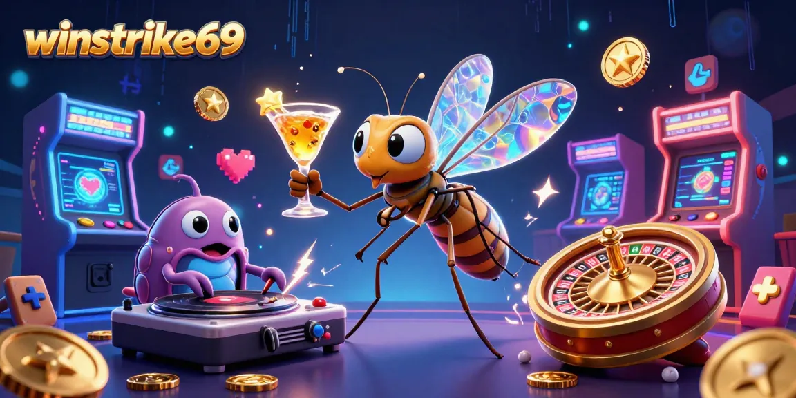 Experience winstrike69's vibrant casino scene featuring a lively mascot and dynamic elements.