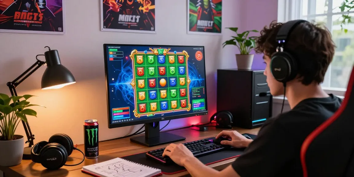 Play Mine Slot casino on a vibrant gaming screen in an immersive player environment with accessories and strategy notes.