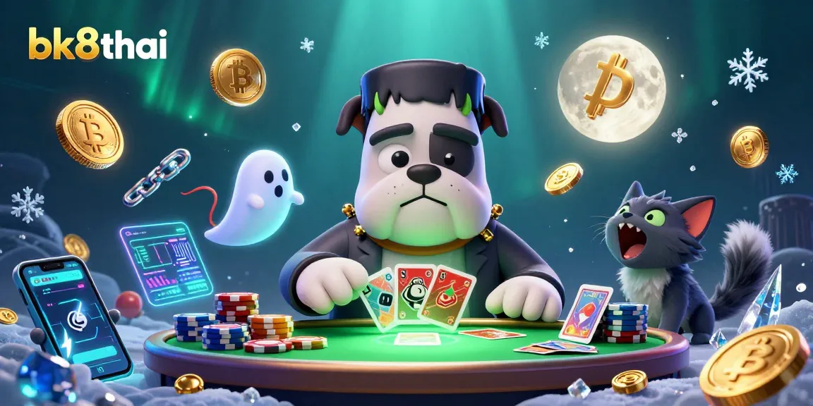 Experience the excitement at bk8thai with a thrilling card game scene led by a unique cartoon character.