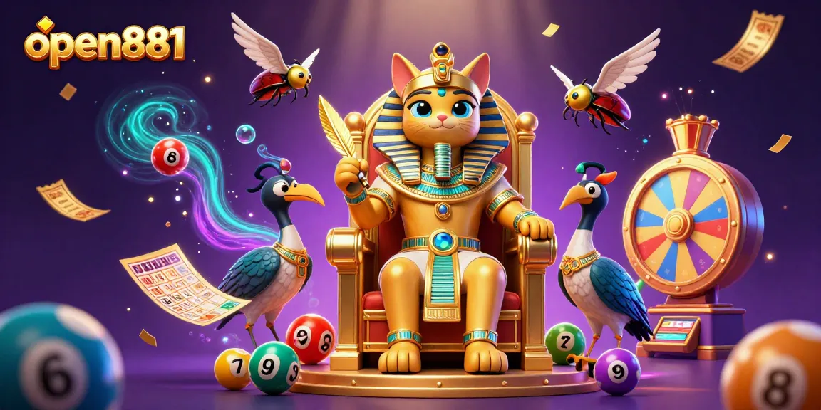 open881 captures the thrill of gaming with a vibrant illustration featuring a pharaoh cat and dynamic lottery elements.