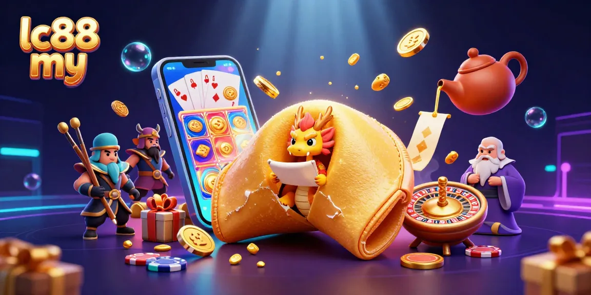 Experience the excitement at lc88 my with a dynamic gaming scene featuring casino elements and golden treasures.