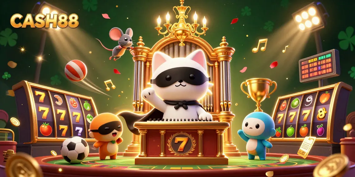 CASH88 brings excitement with a masked cat at the casino organ, vibrant slot reels, and dynamic sports elements.
