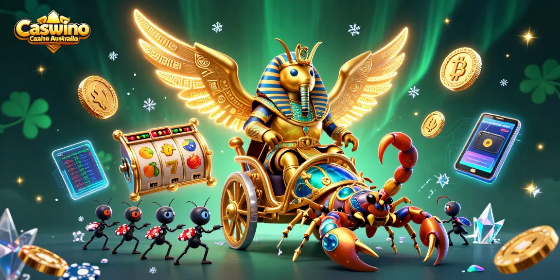 Engage with Caswino Casino Australia featuring a colossal golden scarab beetle and rich gaming elements