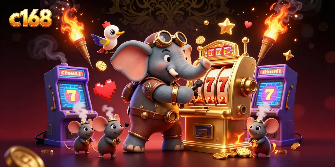 Experience the excitement at c168's vibrant casino with a steampunk elephant operating a golden slot machine.