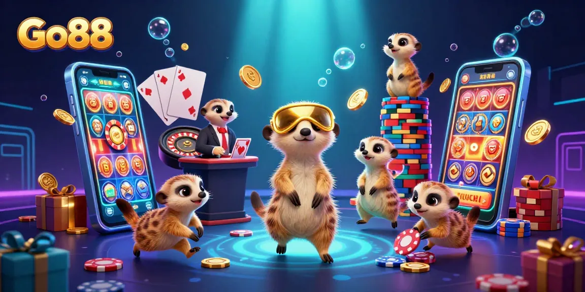 Experience the excitement of Go88 at a bustling casino run by meerkats, with engaging slot games and vibrant visuals.