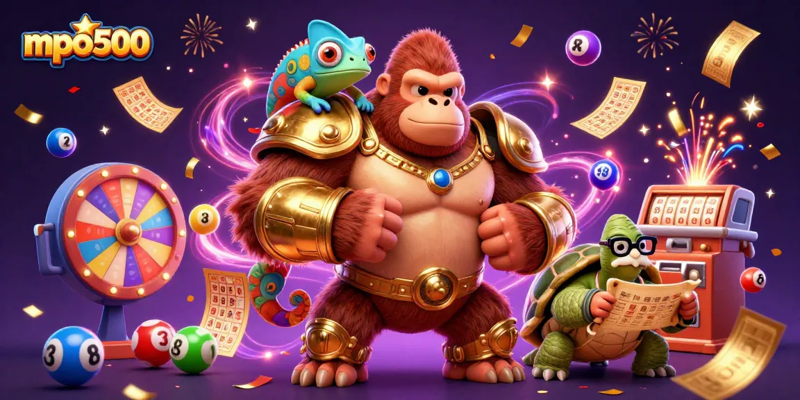 Engage in mpo500 lottery excitement with vibrant characters, spinning wheels, and colorful balls!