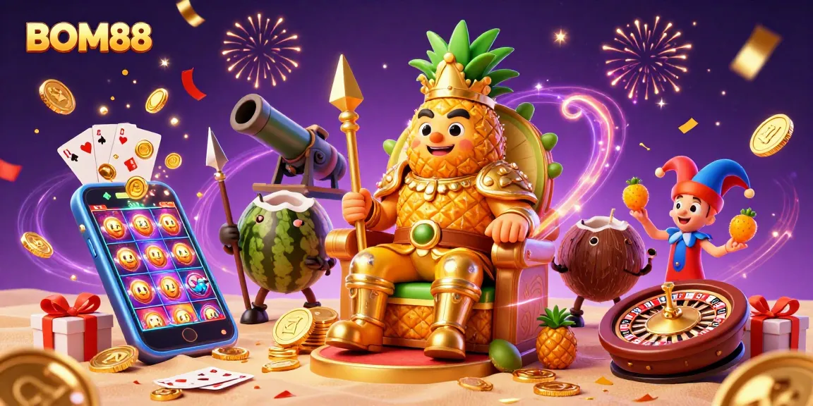 BOM88 captivates players with a vibrant beach casino full of action and excitement, showcasing golden characters.