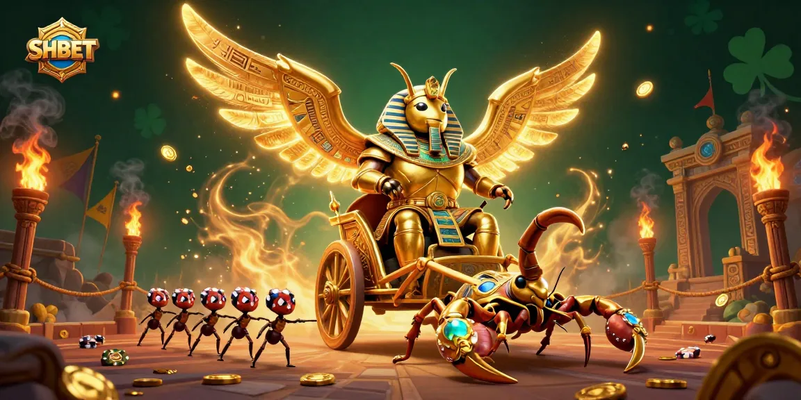 SHBET's dynamic casino scene showcasing a golden scarab beetle in pharaoh armor amidst a thrilling gaming environment.