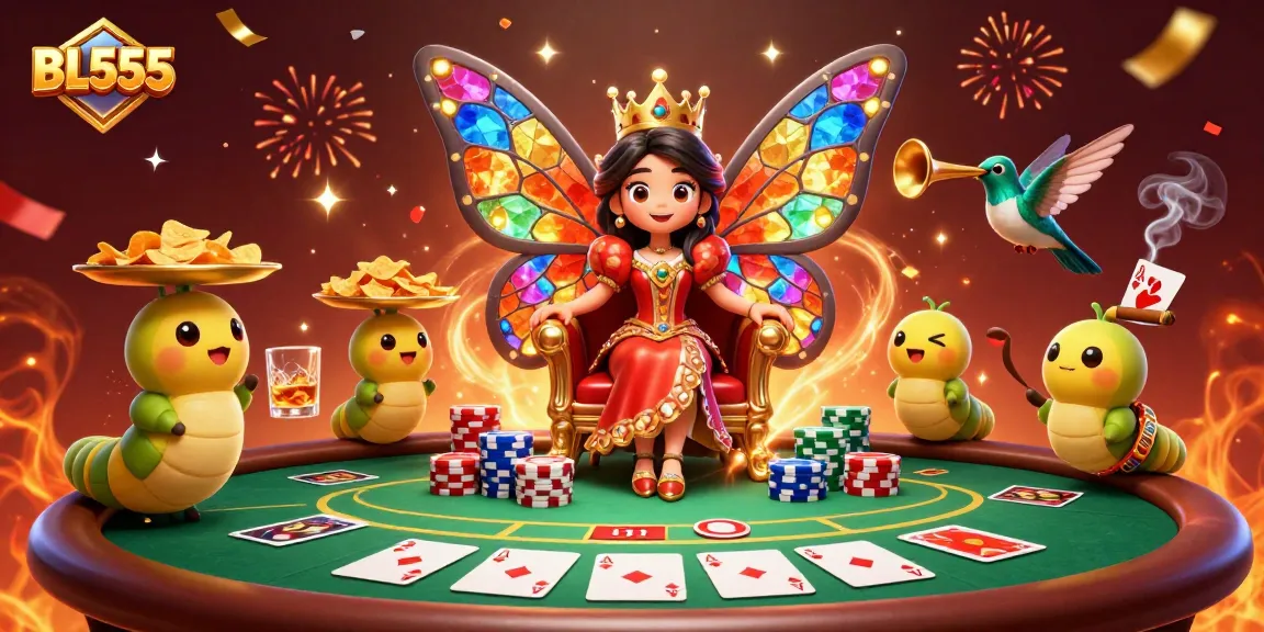 Experience thrilling gaming at BL555 with a vibrant poker scene featuring elaborate characters.