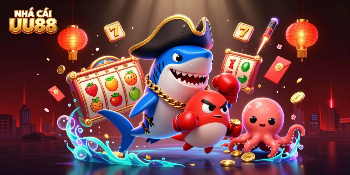 Witness the excitement of NHÀ CÁI UU88 with a dynamic, ultra-detailed 3D scene of playful casino-themed characters.
