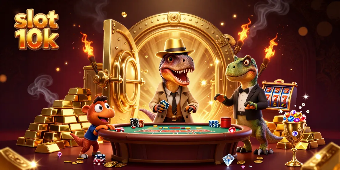 Experience the excitement of slot 10k with a cartoon velociraptor at a blackjack table, surrounded by gold treasures and casino elements.