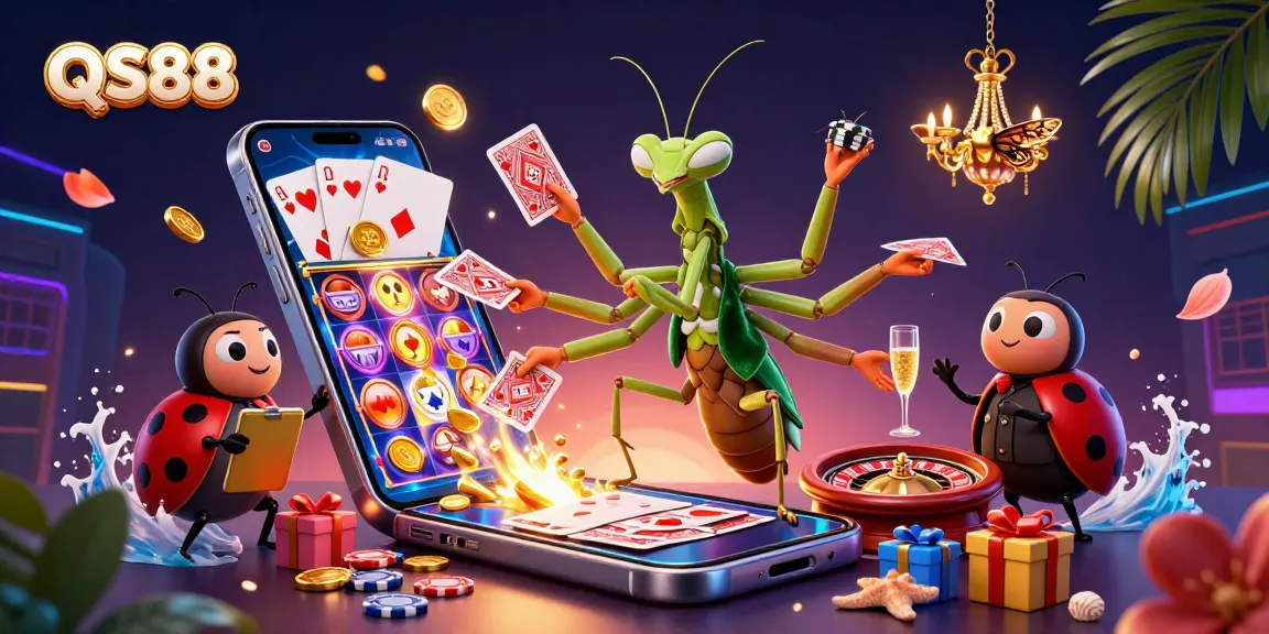 QS88 gaming experience with a giant mantis dealer, ladybug pit boss, and vibrant casino elements.