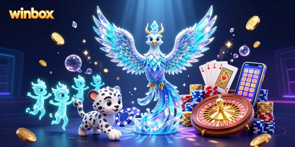 Winbox casino illustration featuring an ice phoenix and glowing sprites celebrating with poker elements.