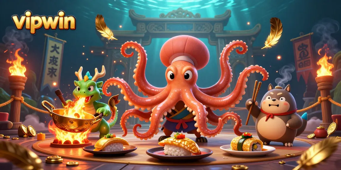 Experience vipwin with thrilling games illustrated by a sushi chef octopus and a dragon in a vibrant scene.